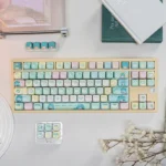 Vibrant Hatsune Miku PBT dye-sublimated keycaps set displayed, featuring iconic character art and playful Vocaloid aesthetics.