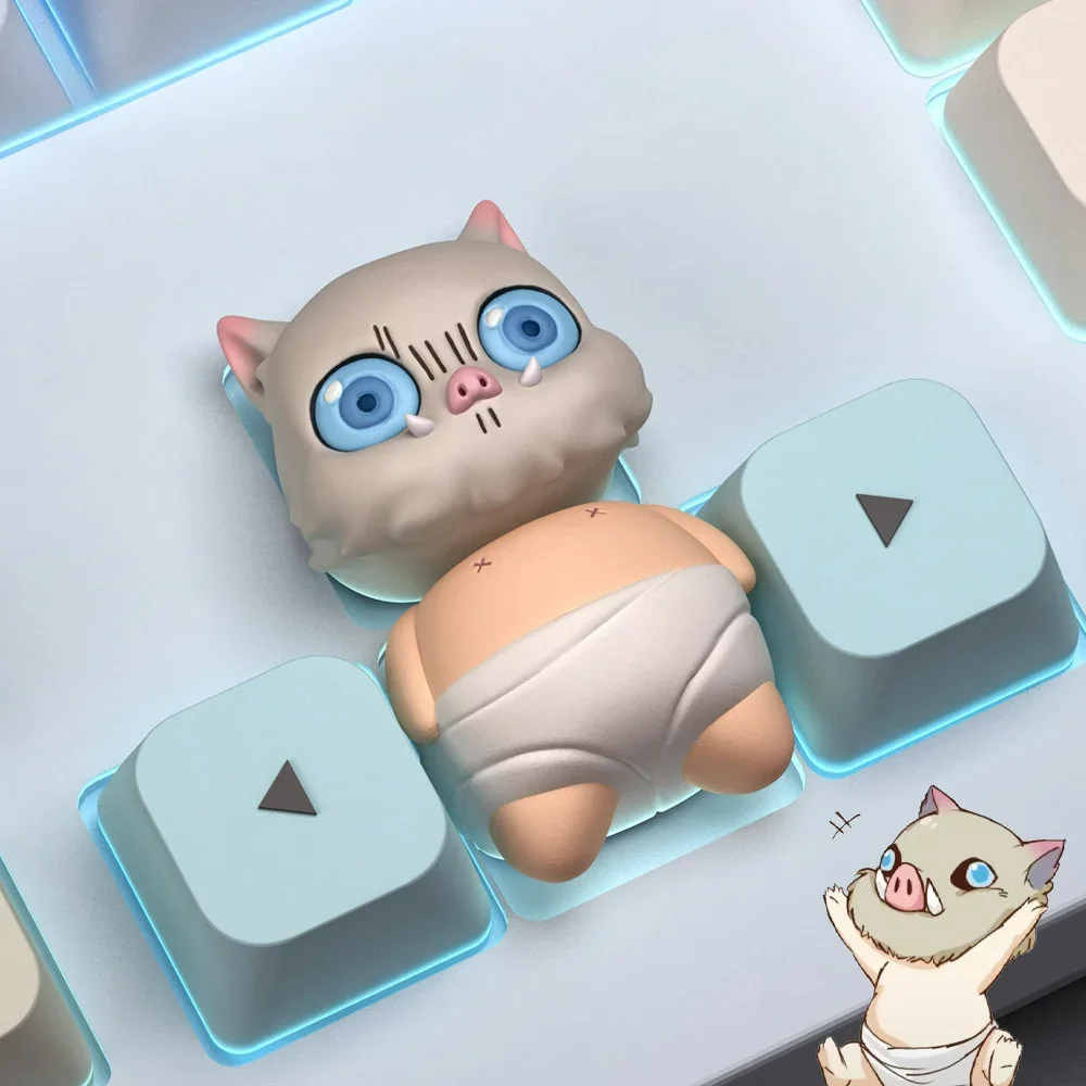 Dynamic Inosuke Hashibira artisan keycap, showcasing his iconic boar mask with fierce detail and untamed spirit from Demon Slayer.