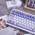Artistic Iris PBT Keycaps Set from a unique angle, highlighting ethereal dye-sub motifs. Backlit Cherry profile set, elegant and nature-inspired.