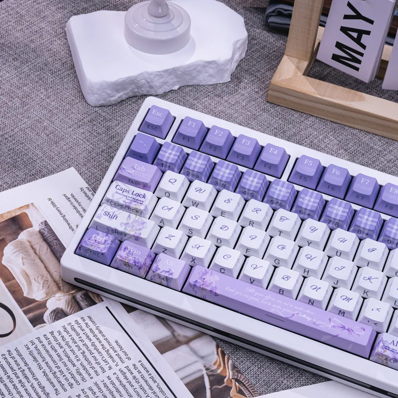 Artistic Iris PBT Keycaps Set from a unique angle, highlighting ethereal dye-sub motifs. Backlit Cherry profile set, elegant and nature-inspired.