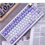 Close-up of an artistic Iris PBT keycap set, revealing the intricate dye-sub flower motif and its precise Cherry profile, ideal for backlit keyboards.