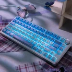 Artistic Iris PBT keycaps set featuring an ethereal translucent design, capturing subtle light and shadow for backlit Cherry profile keyboards.