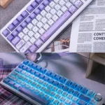 Artistic Iris PBT Keycaps Set main display, showcasing ethereal dye-sublimated iris flower motifs and subtle backlighting on a Cherry profile set.