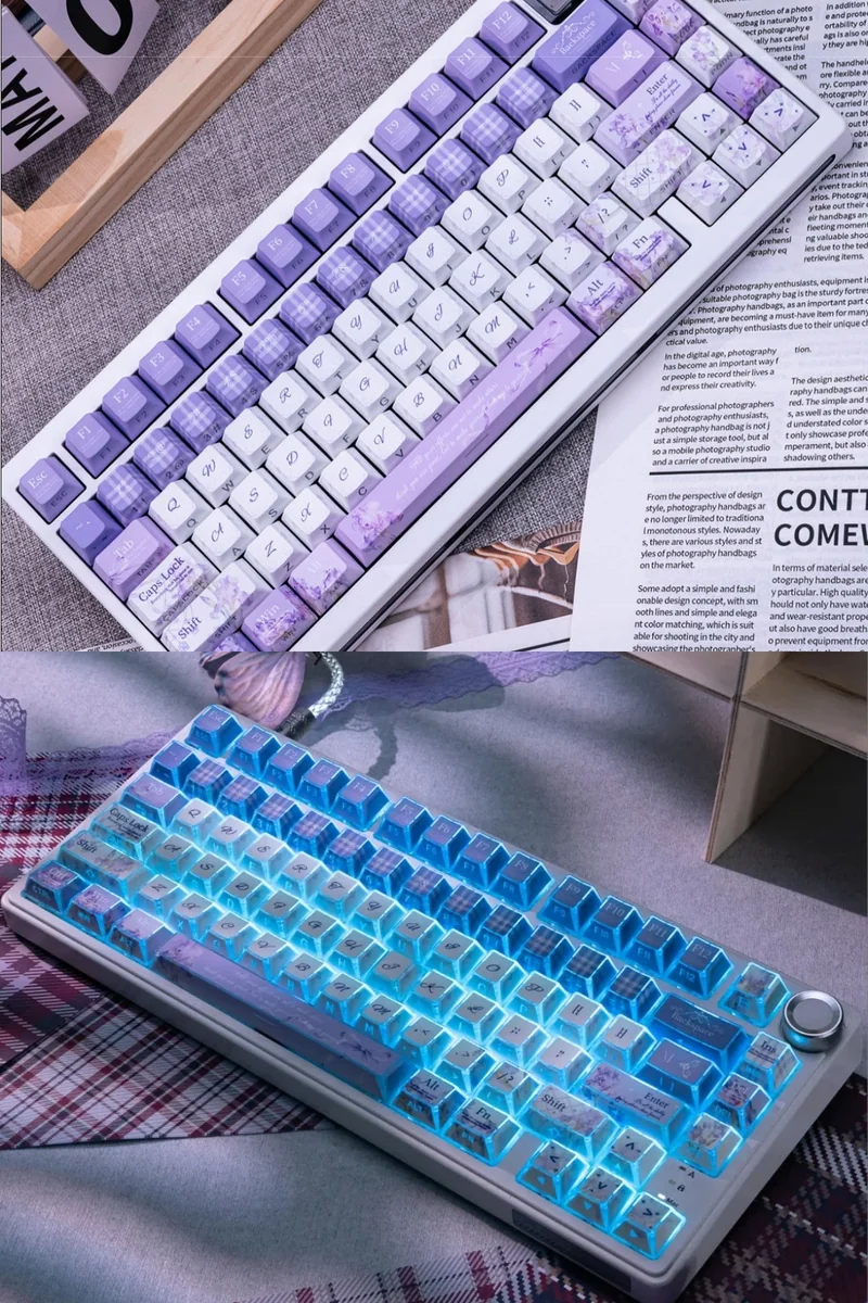 Artistic Iris PBT Keycaps Set main display, showcasing ethereal dye-sublimated iris flower motifs and subtle backlighting on a Cherry profile set.