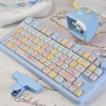 Vibrant, translucent Jellyfish PBT keycap set for mechanical keyboards, glowing with ethereal pink and purple bioluminescence.