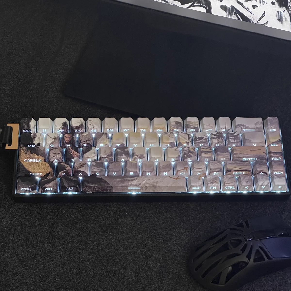 Celestial Elegance Jinxian side-engraved PBT keycaps set, exquisitely detailed with luminous side-lit legends, showcasing mythical Chinese artistry.