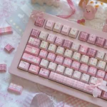 Premium PBT Dye-Sub JK Girl Keycaps set, featuring charming pastel JK uniform aesthetic and playful custom motifs from multiple angles. For keyboards design.