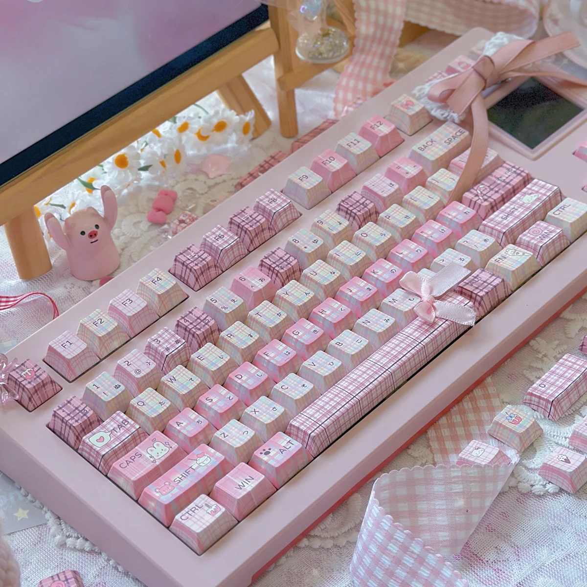 Charming JK Girl Keycaps Set: a premium PBT dye-sub set showcasing pastel uniform designs and playful custom motifs, perfect for a unique mechanical keyboard.