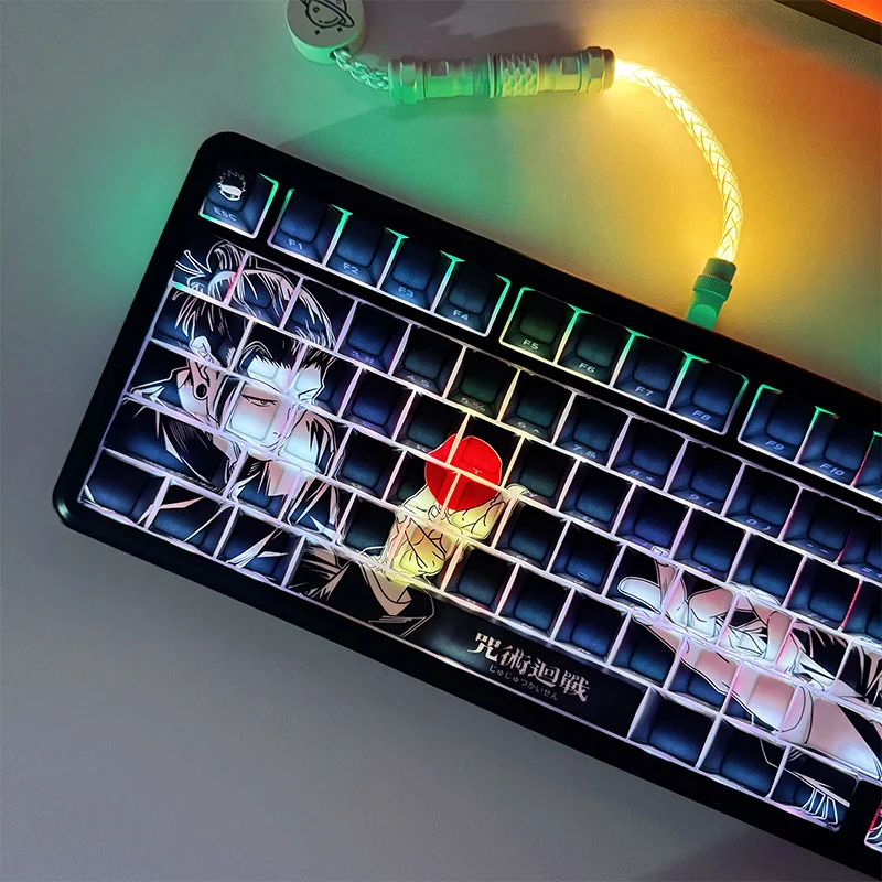 Jujutsu Kaisen Gojo Geto side-printed PBT keycaps set, displayed from an alternative angle to reveal the intricate, exclusive anime character artwork.