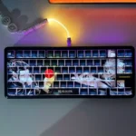 Close-up of exclusive Jujutsu Kaisen Gojo and Geto side-printed PBT keycaps set, highlighting vibrant anime art and character details.