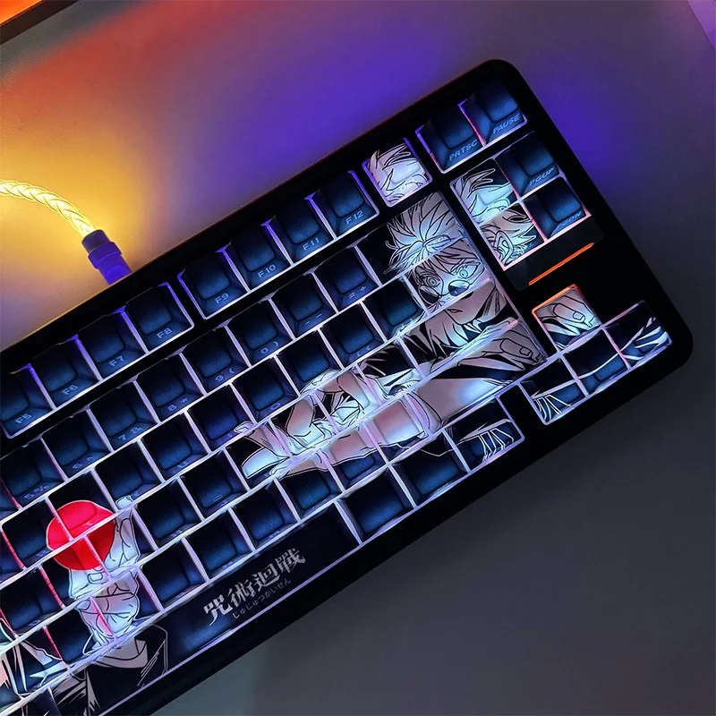 Close-up view of Jujutsu Kaisen Gojo Geto side-printed PBT keycaps set, highlighting the exclusive anime art and detailed character designs from a unique design.