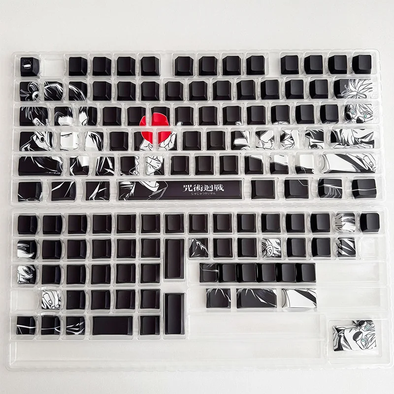 Close-up of Jujutsu Kaisen Gojo and Geto side-printed PBT keycaps set, showcasing the exclusive anime art design from a unique angle.