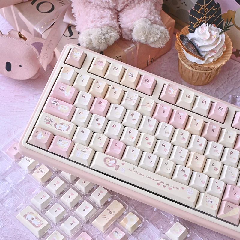 Multiple angles of the whimsical Karami PBT dye-sub keycaps set, showcasing its unique character-driven design and soft hues for a delightful, artistic angles.