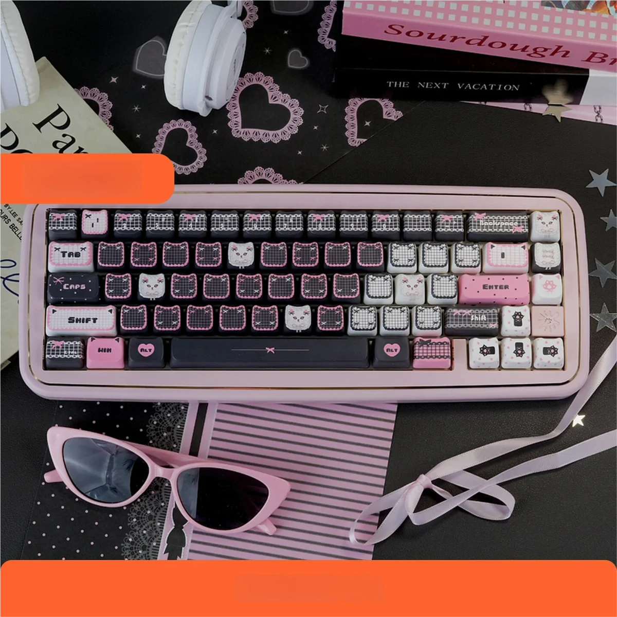 Charming black and pink lace cat keycap for mechanical keyboards, featuring a playful design and durable PBT dye-sub craftsmanship.