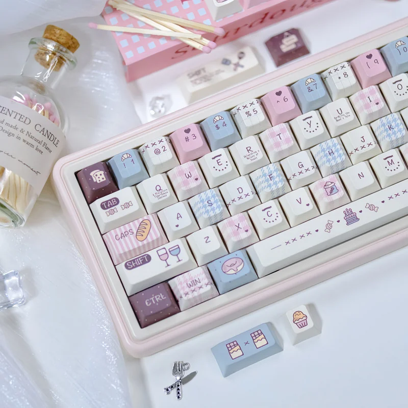 Deep Roast Academia PBT Dye-Sub Keycap Set. Rich PBT dye-sub keycaps in warm hues and creamy accents, multiple angles.