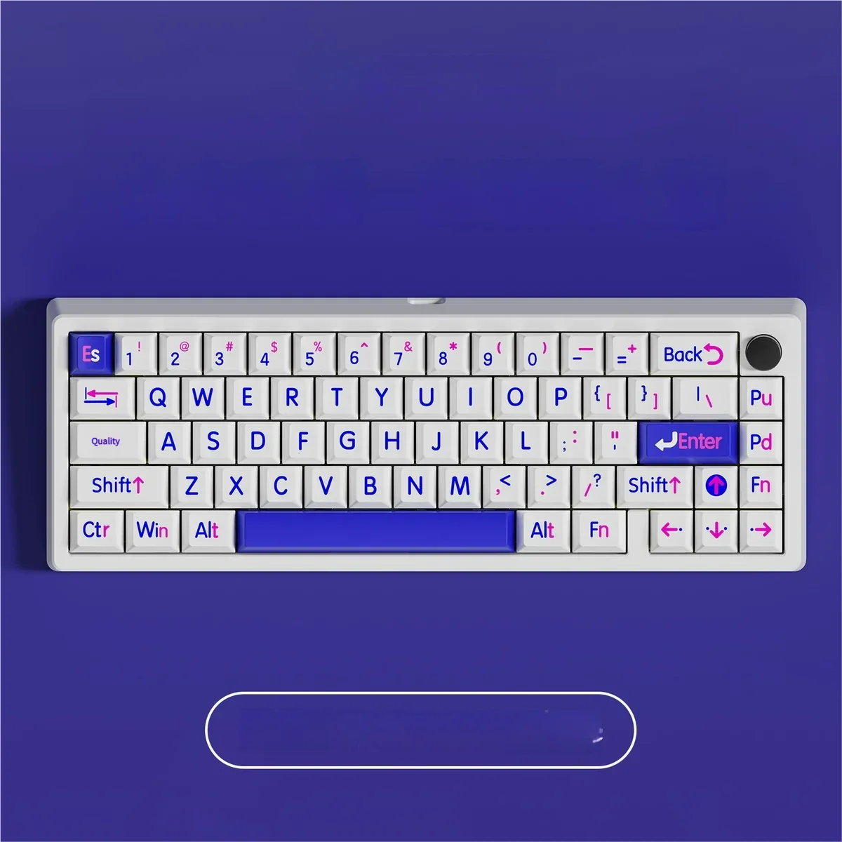 Iconic Klein Blue keycaps set with bold, large legends, displayed from various artistic angles. Highlights premium material and minimalist modern style.