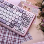 Exclusive Kuromi's Diary PBT Dye-Sub Keycap Set. Multi-angle views highlight whimsical Kuromi designs in playful purple. Mischievous fun.