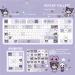 Exclusive Kuromi's Diary PBT Dye-Sub Keycap Set, showcasing playful purple Kuromi illustrations and diary accents from multiple angles.