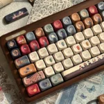 Letter of The Owl Series Keycap Set. Multi-angle views show vintage parchment, owl, wizard designs for a magical desktop.