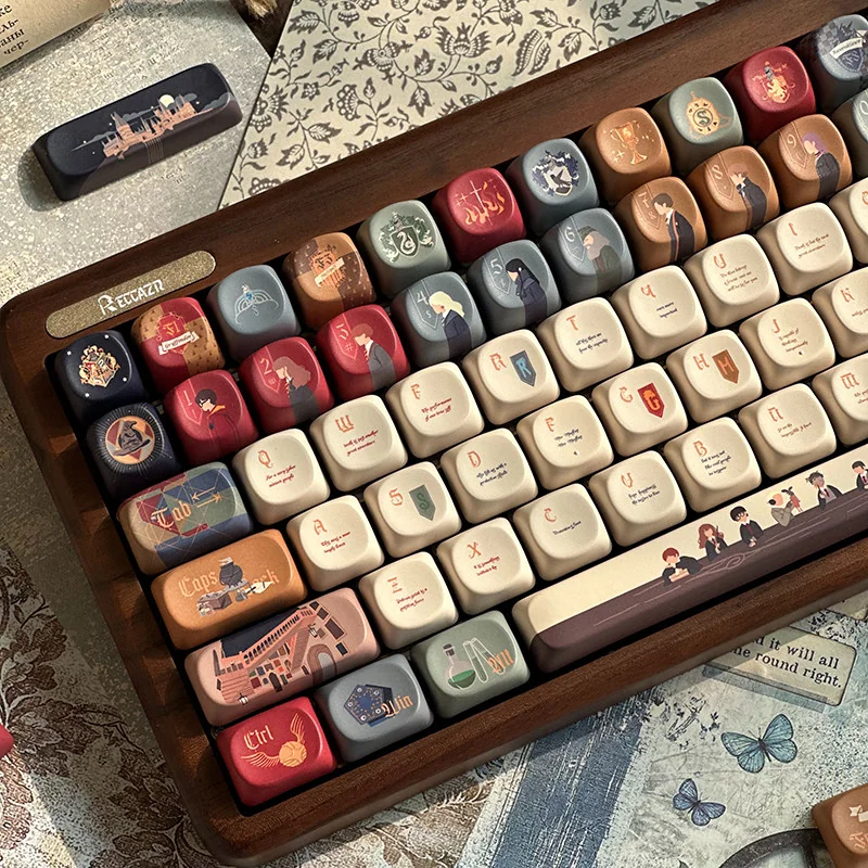 Letter of The Owl Series Keycap Set. Multi-angle views show vintage parchment, owl, wizard designs for a magical desktop.
