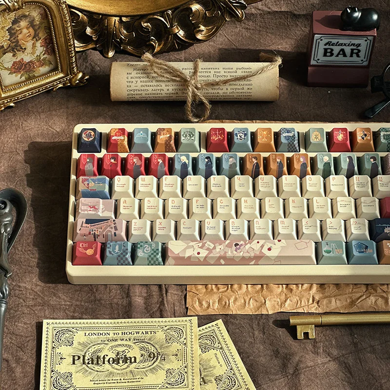 Exclusive Letter of The Owl Series Keycap Set, shown from various angles, featuring enchanting vintage parchment and wizarding designs.