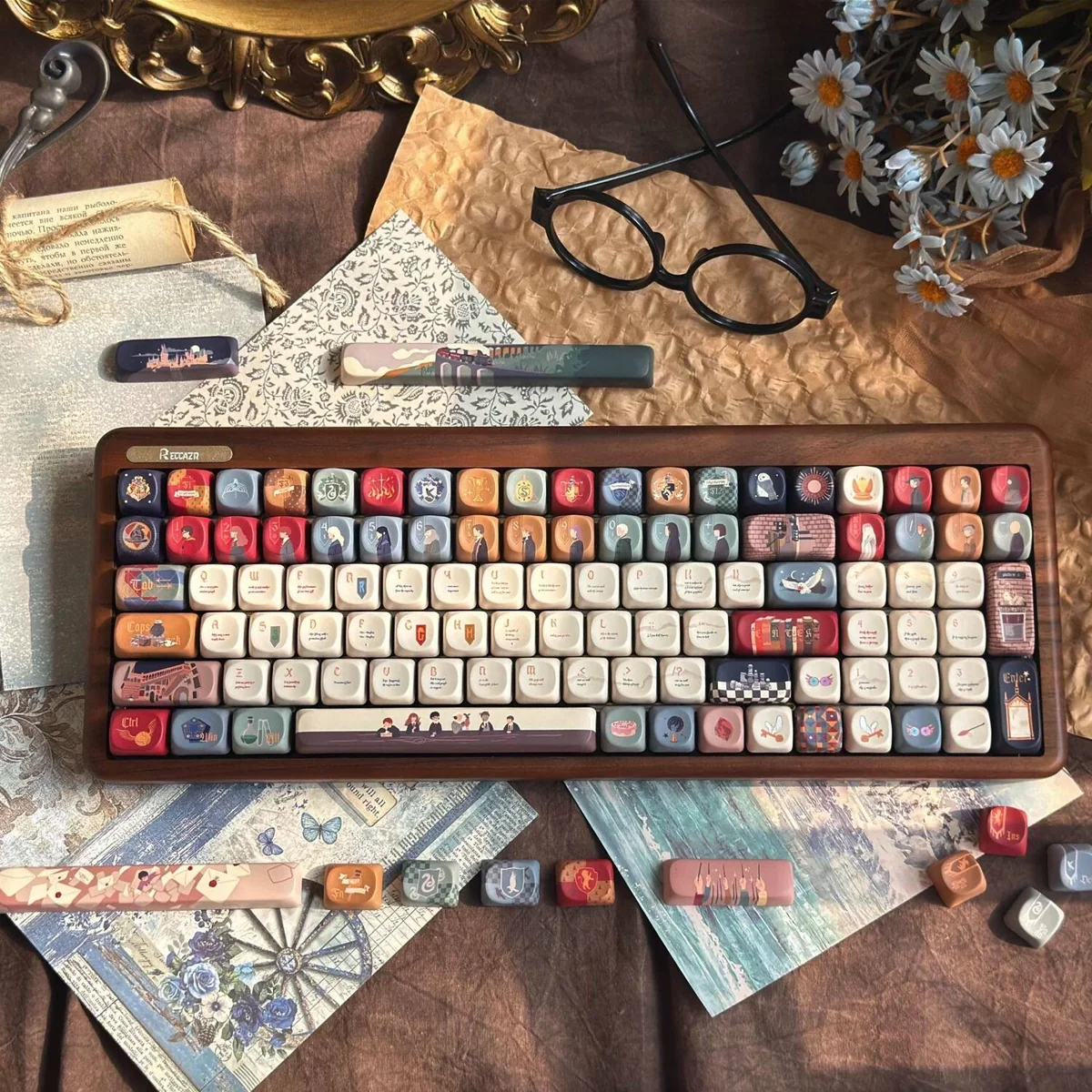 Letter of The Owl Series Keycap Set, artistically designed with vintage parchment and an elegant owl delivering a magical school letter.