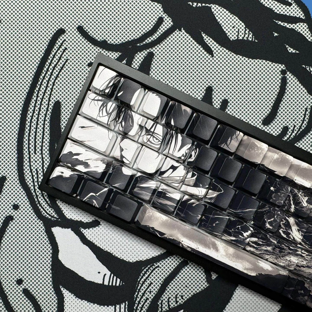 Close-up of premium Levi Ackerman PBT side-lit keycaps set, highlighting their durable build and subtle side-printed legends, ideal for dark tactical backlight.