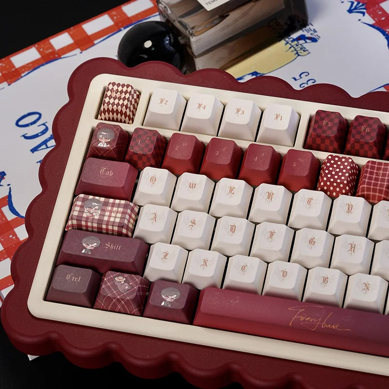 Light and Night Evan Dye-Sub PBT Keycaps Set. Close-up reveals exclusive ethereal celestial art, character designs, and the artistic blend of light.