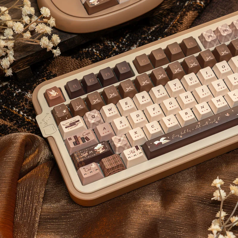 Literary Keycap Set, PBT dye-sublimated, artistic view. Muted scholarly tones evoke old books, inspiring quiet contemplation.