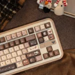 Literary Keycap Set, PBT dye-sublimated Cherry profile. An artistic view of literary-inspired keycaps with a muted, scholarly aesthetic, evoking old book design.