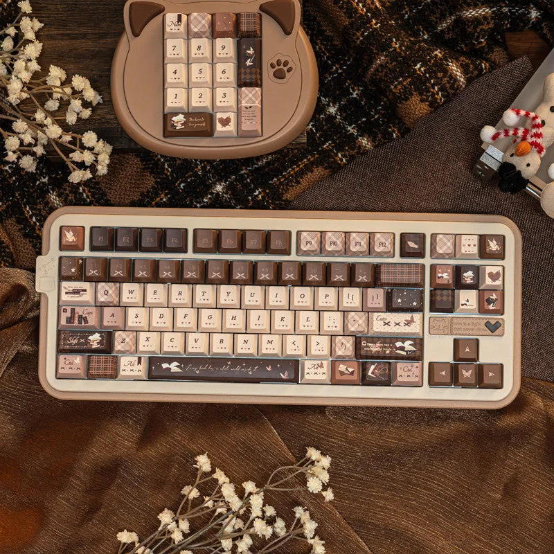 Artistic Literary Keycap Set, PBT dye-sublimated, presented on a keyboard with a scholarly, muted aesthetic, evoking the quiet charm of old libraries.