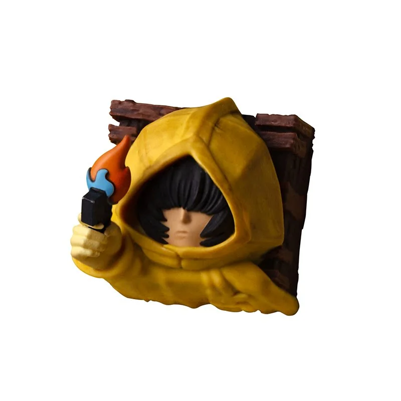 Detailed close-up of a handcrafted Little Nightmares Six resin ESC keycap, showcasing its eerie, artistic design from multiple angles, emphasizing art.