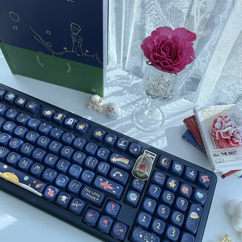 A detailed view of the enchanting Little Prince PBT Dye-Sub Keycap Set, highlighting the whimsical pollen motifs and soft, dreamy hues across multiple angles.