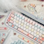 Adorable Loopy Keycap Set, an exclusive PBT dye-sublimated art piece, shown from various angles. Vibrant colors and whimsical charm for keyboards.