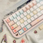 Vibrant Loopy PBT dye-sublimated keycap set, exclusive character design, shown from various playful angles, adding whimsical charm to your keyboard.