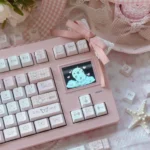 A gallery view of the Love Alarm PBT Dye-sub Keycaps Set, emphasizing their soft romantic aesthetic and iconic 'Love Alarm' motifs from a delightful design.