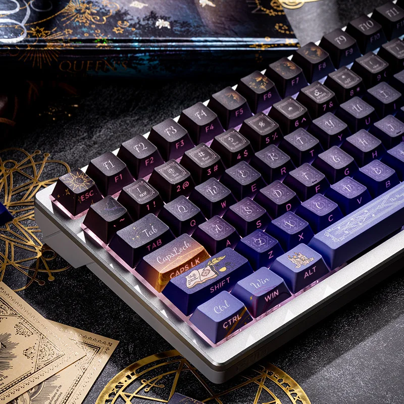 Whimsical Magical Girl Keycaps Set, a transparent side-printed RGB set, displayed from various angles, glowing with enchanting light.