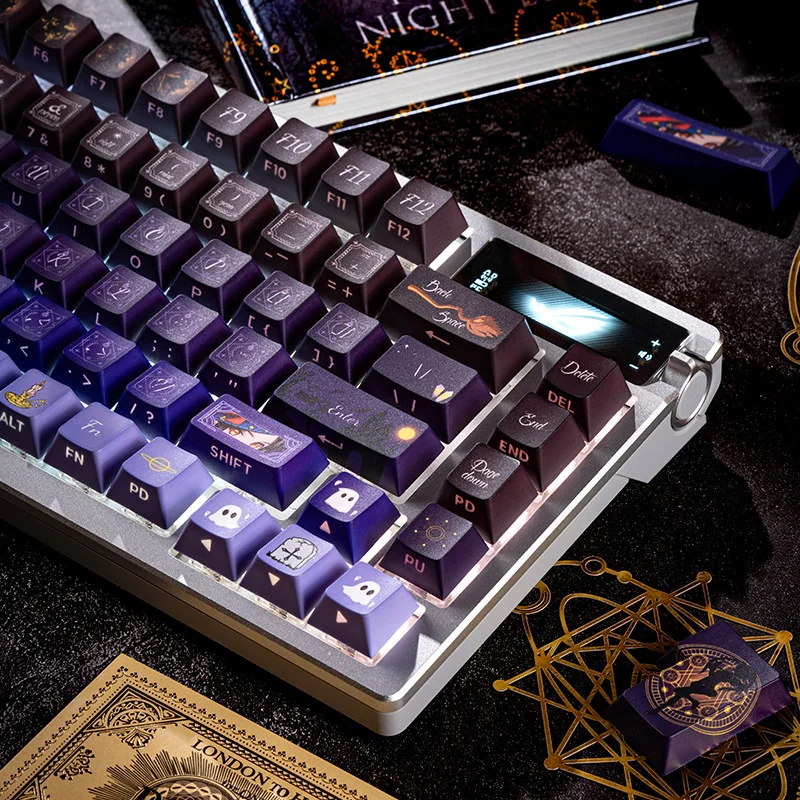 Enchanting transparent Magical Girl keycaps set from various angles, showcasing whimsical side-printed legends and vibrant RGB glow, ready for a playful setup.