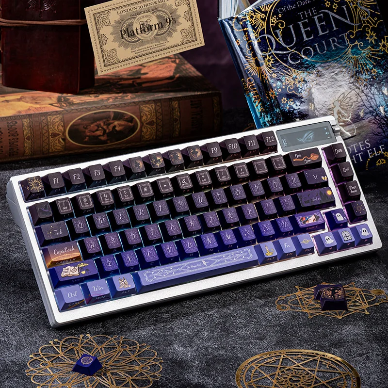 Enchanting Magical Girl Keycaps Set, transparent and side-printed, glowing with vibrant RGB backlighting on a keyboard, highlighting their unique aesthetics.