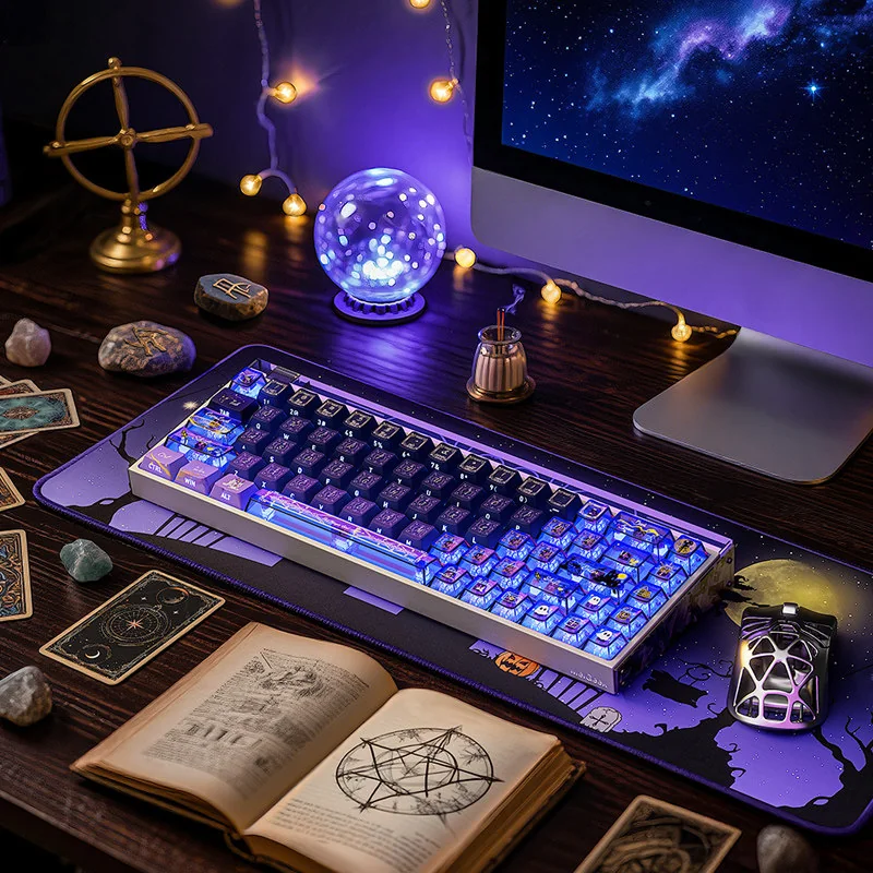 Enchanting transparent Magical Girl keycaps set, showcasing their vibrant side-printed legends beautifully lit by dynamic RGB backlighting.