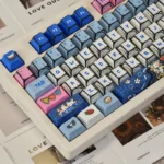 Close-up of playful manga cowboy cat PBT keycaps set, showcasing vibrant, whimsical illustrations and unique adventurous aesthetic for mechanical keyboard.