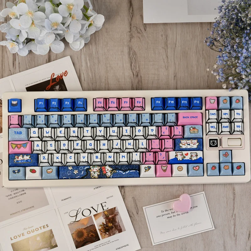 Whimsical Manga Cat Keycaps PBT set, featuring vibrant, playful cowboy cats in an artistic manga style. Elevate your keyboard with this unique theme.