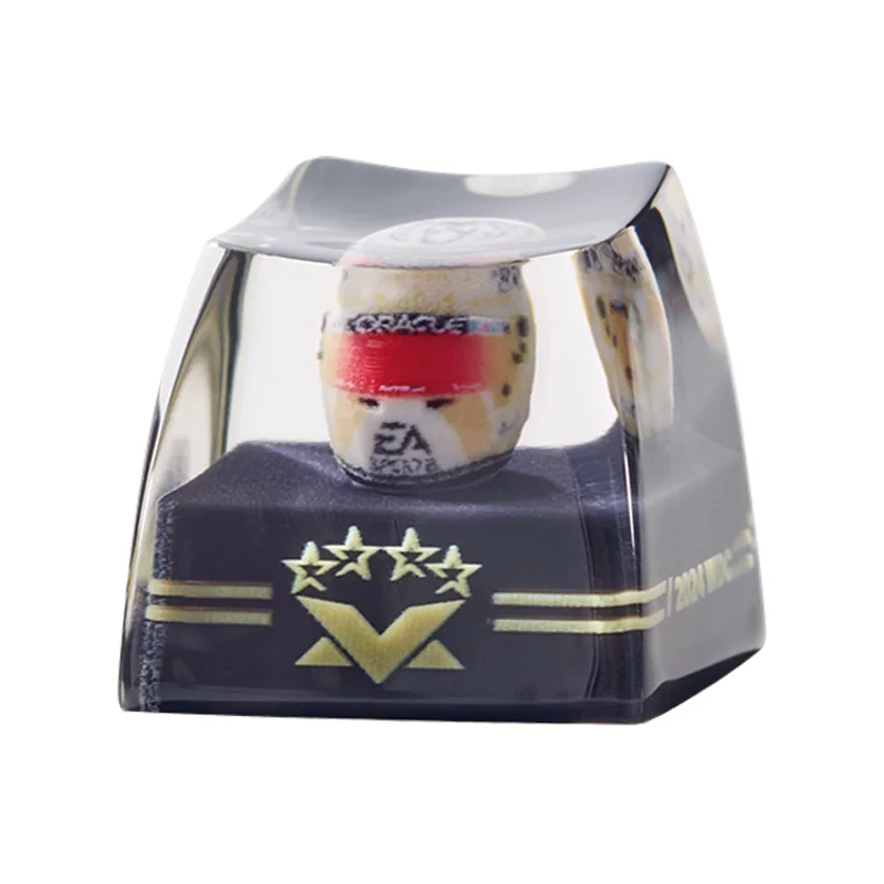 Exclusive Max Verstappen WDC Helmet Keycap, an intricate F1 champion replica, shown from various angles. Highlighting its premium finish, celebrating F1.