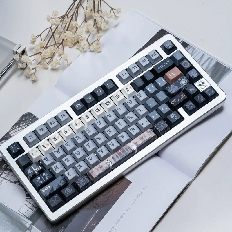 Exquisite Medieval Astrolabe Dye-Sub PBT Keycap Set for keyboards. Features intricate celestial maps and instruments, a stunning medieval keycap set.