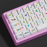 Memphis PBT keycaps set in a vibrant gallery, showcasing bold geometric patterns and contrasting colors from multiple artistic angles. Durable design for collectors.