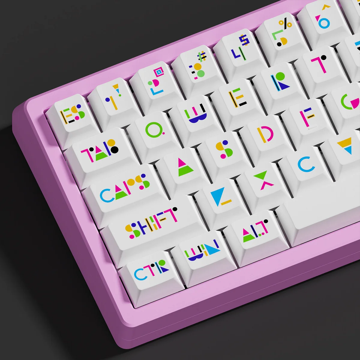 Memphis PBT keycaps set in a vibrant gallery, showcasing bold geometric patterns and contrasting colors from multiple artistic angles. Durable design for collectors.