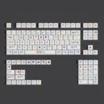 Vibrant Memphis PBT keycaps set with bold geometric patterns and postmodern artistic flair, conveniently bagged for artistic keyboard customization.