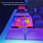 Handcrafted Mewtwo & Mew resin keycap, displaying intricate psychic energy and vibrant translucent colors from a distinct angle, a Pokemon art collectible setup.