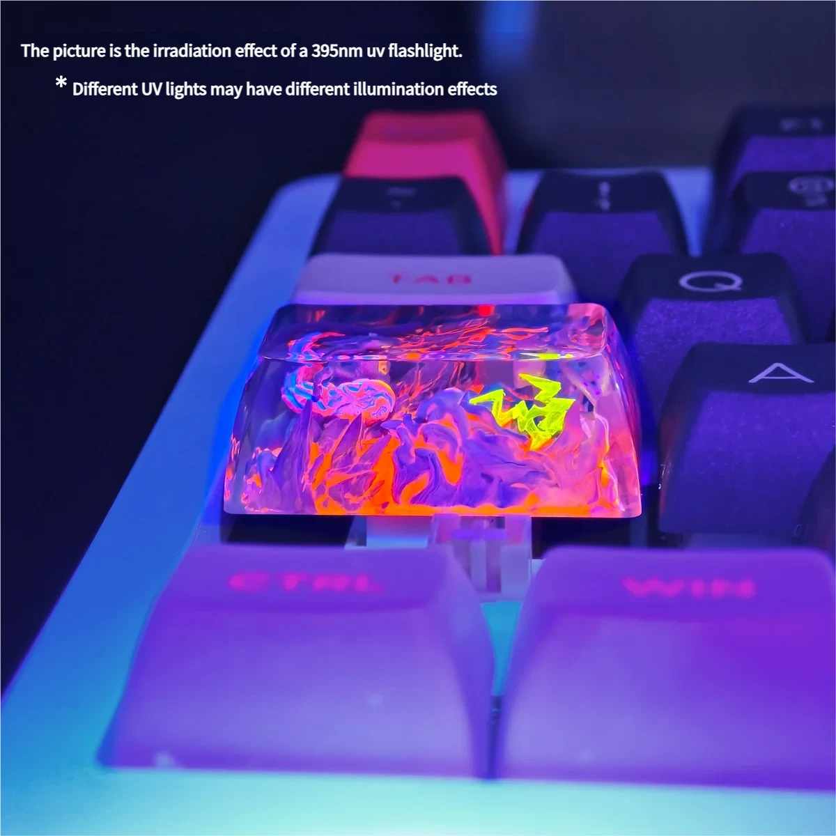 Handcrafted Mewtwo & Mew resin keycap, displaying intricate psychic energy and vibrant translucent colors from a distinct angle, a Pokemon art collectible setup.