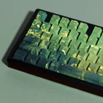 Midsummer PBT keycaps set showcase vibrant, refreshing aesthetic, clean legends, serene palette from artistic angles.